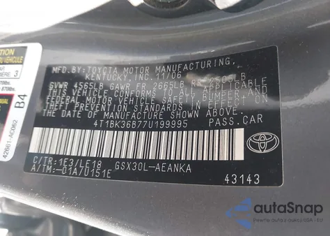 2007 Toyota Avalon Touring из США, поврежденный, VIN 4T1BK36B77U199995